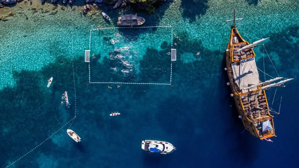 Aerial view of the sea court and the green hills of Šipan