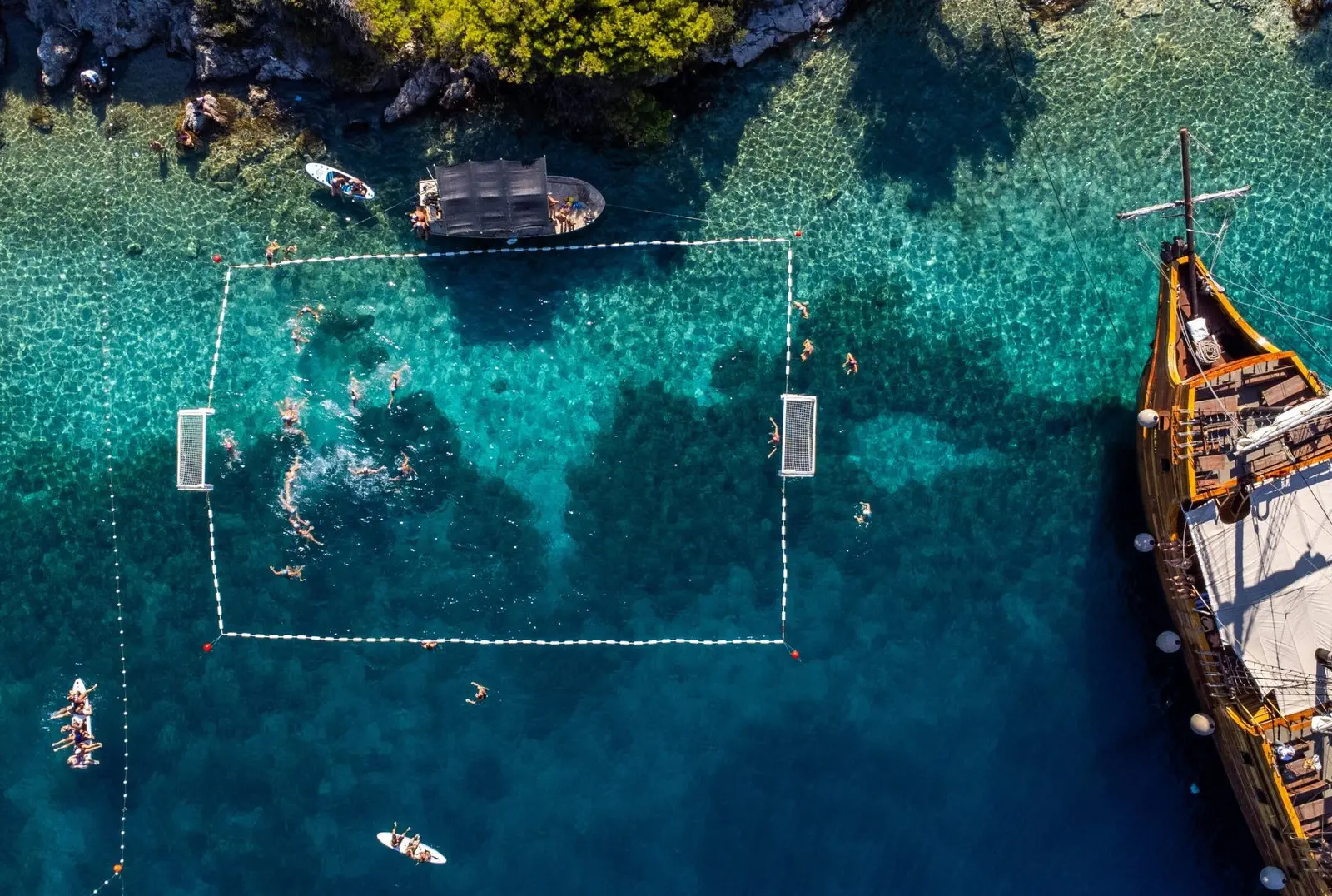 Aerial view of the floating water polo court at Priježba